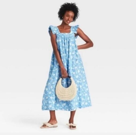 a new day Dresses & Skirts - A New Day Blue Floral Ruffle Sleeve Midi Dress Linen Blend XL NWT Cottagecore